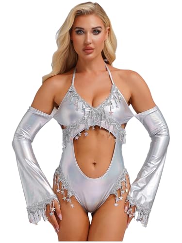 Linjinx Damen Glänzend Bodysuit Wetlook Bodys Rückfreier Jumpsuit Neckholder Einteiliger Cut-Outs Overall Nachtclub Outfit Silber XL von Linjinx