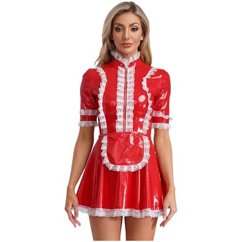 Linjinx Damen Gothic Dienstmädchen Kostüm Lack Leder Kleider Kurzarm Glänzend PU Leder Spitze A-Linie Hemdkleid Blusenkleid mit Schürze Rot 3XL von Linjinx