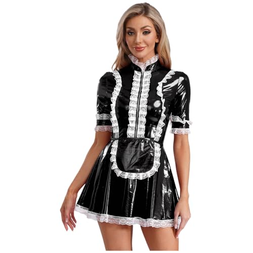 Linjinx Damen Gothic Dienstmädchen Kostüm Lack Leder Kleider Kurzarm Glänzend PU Leder Spitze A-Linie Hemdkleid Blusenkleid mit Schürze Schwarz L von Linjinx