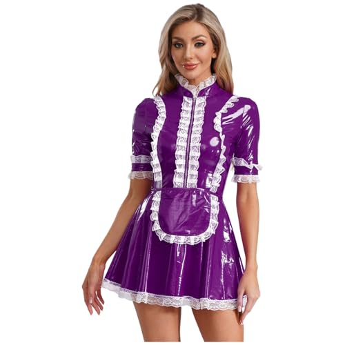 Linjinx Damen Gothic Dienstmädchen Kostüm Lack Leder Kleider Kurzarm Glänzend PU Leder Spitze A-Linie Hemdkleid Blusenkleid mit Schürze Violett 3XL von Linjinx