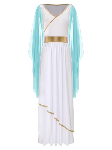 Linjinx Damen Griechische Göttin Kostüm V-Auschnitt Göttin Kleid Toga mit Chiffon Tuch im Schulter Römische Kleidung Halloween Karneval Fasching Kostüm Hellblau M von Linjinx