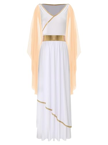 Linjinx Damen Griechische Göttin Kostüm V-Auschnitt Göttin Kleid Toga mit Chiffon Tuch im Schulter Römische Kleidung Halloween Karneval Fasching Kostüm Sekt XL von Linjinx