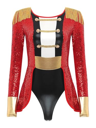 Linjinx Damen Halloween Kostüm Zirkus Body Pailletten Zirkusdirektor Kostüm Langarm Jumpsuit Overall Stringbody Showman Kostüm Karneval Fasching Kostüm Rot 3XL von Linjinx