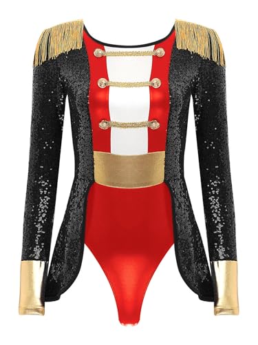 Linjinx Damen Halloween Kostüm Zirkus Body Pailletten Zirkusdirektor Kostüm Langarm Jumpsuit Overall Stringbody Showman Kostüm Karneval Fasching Kostüm Schwarz 3XL von Linjinx