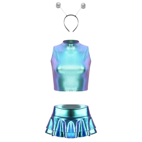 Linjinx Damen Holografisch Crop Top und Mini Faltenrock mit Alien Haarreifen Space Weltraum Gogo Disco Tanz Outfits Party Clubwear Blau M von Linjinx