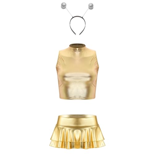 Linjinx Damen Holografisch Crop Top und Mini Faltenrock mit Alien Haarreifen Space Weltraum Gogo Disco Tanz Outfits Party Clubwear Gold XL von Linjinx