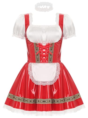 Linjinx Damen Lack Leder Kleider Kurzarm Oktoberfest Kostüm Kleid Glänzend PU Leder Spitze A-Linie Kleid mit Halsband Maid Kleid Dienstmädchen Kostüm Rot 3XL von Linjinx