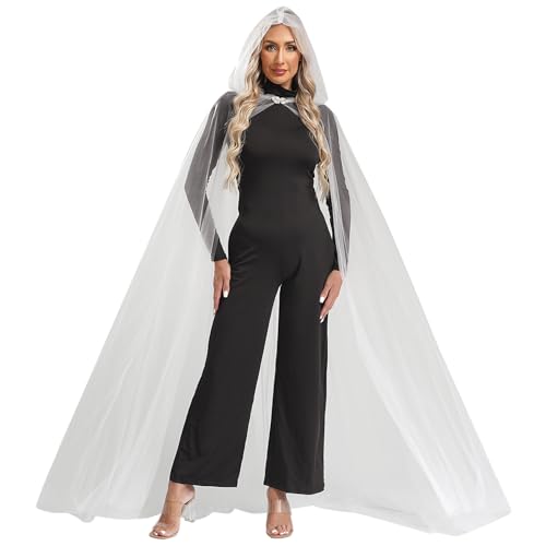 Linjinx Damen Maxi Kleid Lang Mesh Kapuzen Umhang Robe Bodenlang Robe Gothic Tunika Cape Durchsichtig Mantel Jacke Halloween Kostüm Zubehör Elfenbein L von Linjinx