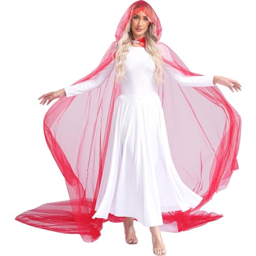 Linjinx Damen Maxi Kleid Lang Mesh Kapuzen Umhang Robe Bodenlang Robe Gothic Tunika Cape Durchsichtig Mantel Jacke Halloween Kostüm Zubehör Rot L von Linjinx