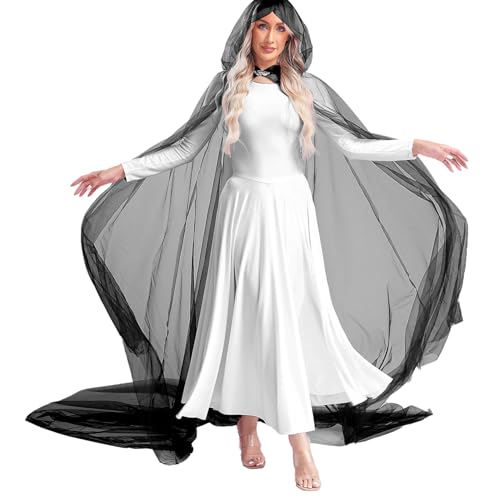 Linjinx Damen Maxi Kleid Lang Mesh Kapuzen Umhang Robe Bodenlang Robe Gothic Tunika Cape Durchsichtig Mantel Jacke Halloween Kostüm Zubehör Schwarz L von Linjinx