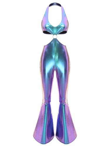 Linjinx Damen Metallic Glänzend Jumpsuit Ärmellos Rückenfrei Bodysuit Schlaghose Holographisch Kostüm Fasching Rave Party Blau 3XL von Linjinx