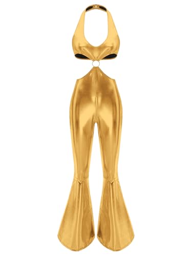 Linjinx Damen Metallic Glänzend Jumpsuit Ärmellos Rückenfrei Bodysuit Schlaghose Holographisch Kostüm Fasching Rave Party Gold L von Linjinx