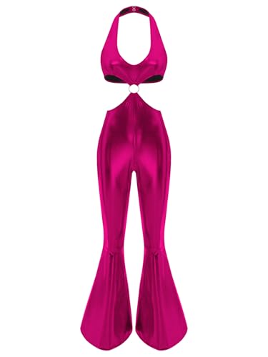 Linjinx Damen Metallic Glänzend Jumpsuit Ärmellos Rückenfrei Bodysuit Schlaghose Holographisch Kostüm Fasching Rave Party Hot Pink L von Linjinx