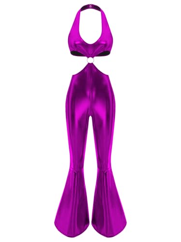 Linjinx Damen Metallic Glänzend Jumpsuit Ärmellos Rückenfrei Bodysuit Schlaghose Holographisch Kostüm Fasching Rave Party Violett 3XL von Linjinx