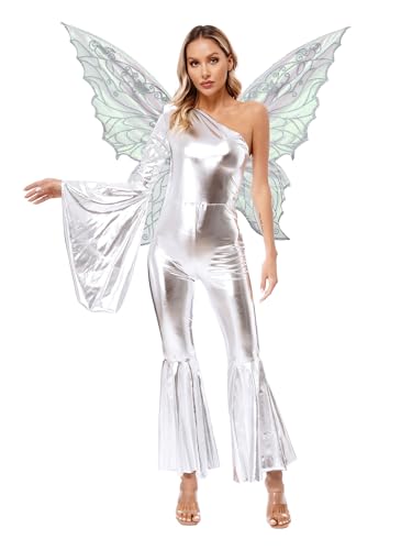 Linjinx Damen Metallic Glänzend Jumpsuit One Shoulder Flare Ärmel Overall Mit Schmetterling Flügeln Halloween Karneval Thema Party Clubwear Silber 3XL von Linjinx