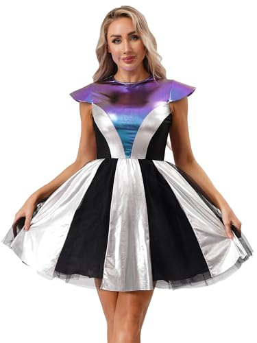 Linjinx Damen Metallic Minikleid Alien Kostüm Space Girl Kostüm Ärmellos Holografisch Faltenkleid Disco Nachtclub Tanz Partykleid Halloween Karneval Linjinx Damen Metallic Minikleid Alien Kostüm Space Girl Kostüm Ärmellos Holografisch Faltenkleid Disco Nachtclub Tanz Partykleid Halloween Karneval von Linjinx