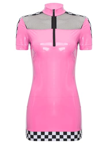 Linjinx Damen Rennfahrer Kostüm Kleid PU Leder Bodycon Kleid Kurz Eng Wetlook Bleistiftkleid Minikleid Rennfahrerin Kostüm Fasching Kostüm Clubwear Rosa 3XL von Linjinx