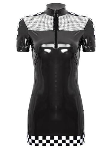 Linjinx Damen Rennfahrer Kostüm Kleid PU Leder Bodycon Kleid Kurz Eng Wetlook Bleistiftkleid Minikleid Rennfahrerin Kostüm Fasching Kostüm Clubwear Schwarz M von Linjinx