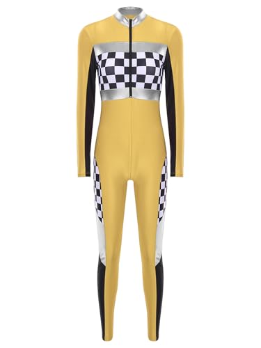 Linjinx Damen Rennfahrer Kostüm Overall Jumpsuit Langarm Bodysuit Rennfahrerin Anzug Racer Kostüm Rennwagen Kostüm Halloween Karneval Party Gelb XL von Linjinx