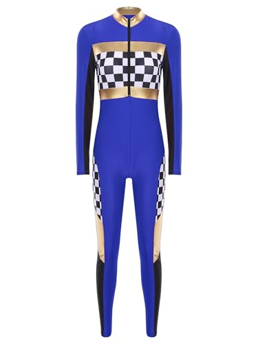 Linjinx Damen Rennfahrer Kostüm Overall Jumpsuit Langarm Bodysuit Rennfahrerin Anzug Racer Kostüm Rennwagen Kostüm Halloween Karneval Party Königsblau L von Linjinx