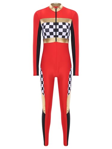 Linjinx Damen Rennfahrer Kostüm Overall Jumpsuit Langarm Bodysuit Rennfahrerin Anzug Racer Kostüm Rennwagen Kostüm Halloween Karneval Party Rot L von Linjinx