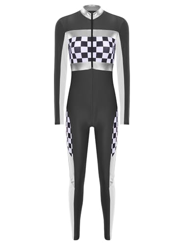 Linjinx Damen Rennfahrer Kostüm Overall Jumpsuit Langarm Bodysuit Rennfahrerin Anzug Racer Kostüm Rennwagen Kostüm Halloween Karneval Party Schwarz L von Linjinx