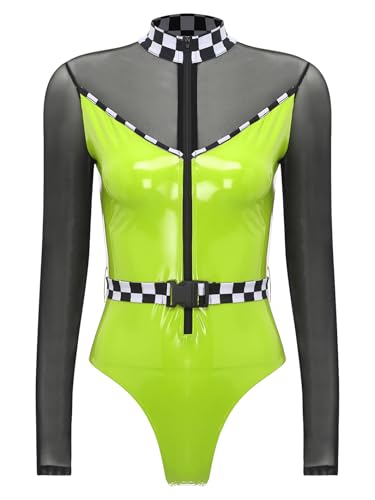 Linjinx Damen Rennfahrer Kostüm Pu Leder Bodysuit mit Gürtel Schachbrettmuster Frontreißverschluss Langarm Lackleder Jumpsuit Catsuit Karneval Kostüm Grün S von Linjinx