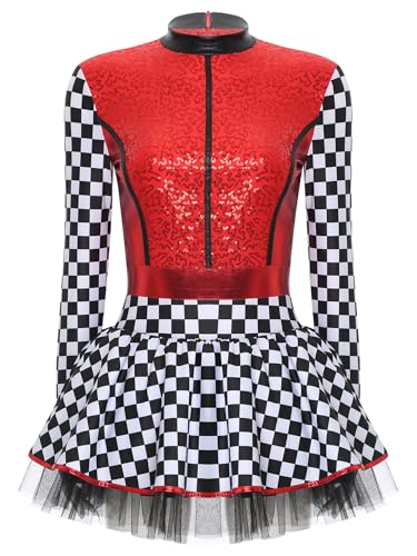 Linjinx Damen Rennfahrer Kostüm Rennwagen Kostüm Kleid Langarm Pailletten Kleid Rennfahrer Overall mit Tutu Rock Reißverschluss Halloween Karneval Kostüm Rot 3XL von Linjinx