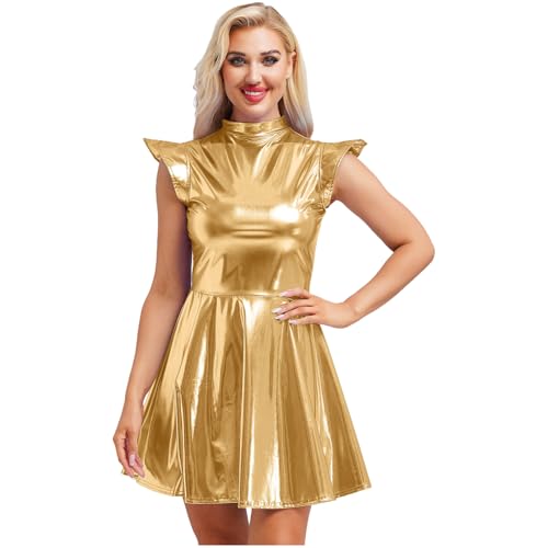 Linjinx Damen Space Girl Weltraum Kostüm Metallic Partykleid Holograpfisch A-Linien Rock Halloween Karneval Verkleidung Gogo Raver Outfits Gold S von Linjinx