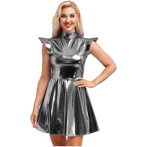 Linjinx Damen Space Girl Weltraum Kostüm Metallic Partykleid Holograpfisch A-Linien Rock Halloween Karneval Verkleidung Gogo Raver Outfits Grau S von Linjinx