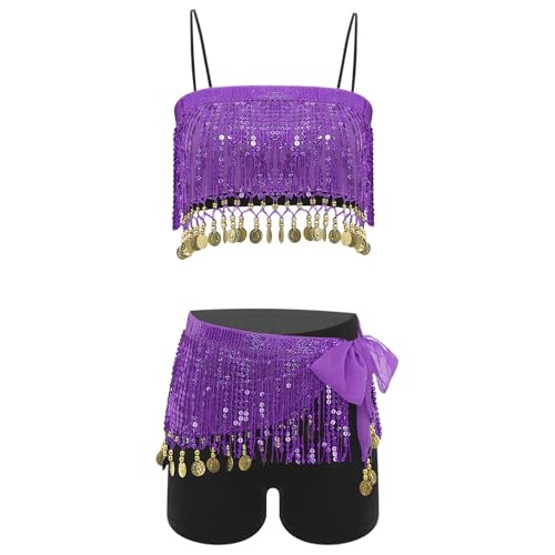 Linjinx Damen Sport Crop Top und Kurze Hose mit Glänzend Pailletten Cover Up Tuch Oberteil und Rock Indische Prinzessin Tanzbekleidung Violett Einheitsgröße von Linjinx