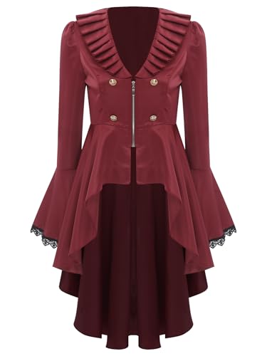 Linjinx Damen Steampunk Jacke Vintage Gothic Frack Jacke Langarm Viktorianischer Gehrock Mantel Mittelalterlich Renaissance Kostüm Halloween Vampire Burgundy M von Linjinx