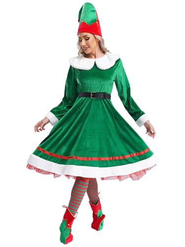 Linjinx Damen Weihnachtself Kostüm Samt Kleid mit Gürtel Elfenmützen Elfenschuhe Gestreifte Strümpfe Weihnachts Outfit Weihnachten Party Geschenke Grün 3XL von Linjinx