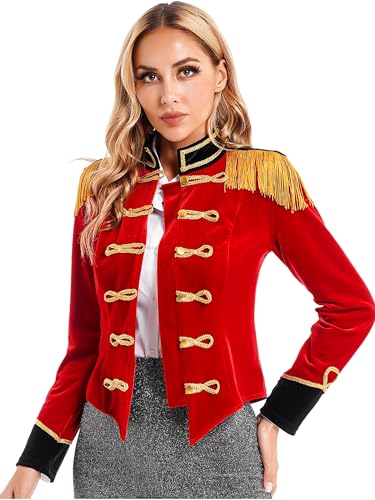 Linjinx Damen Zirkus Kostüm Jacke Ringmaster Samt Frack Jacke Fransen Langarm Zirkus Direktor Jacke Halloween Karneval Kostüm Rot L von Linjinx