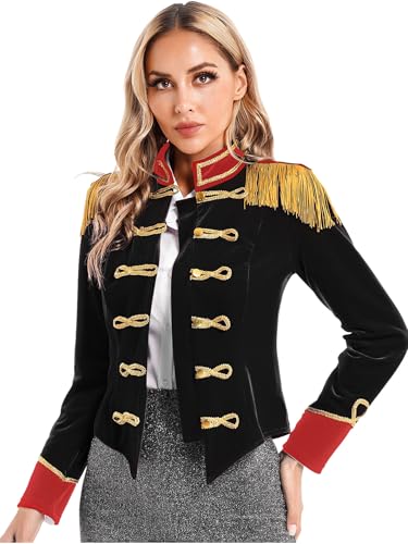 Linjinx Damen Zirkus Kostüm Jacke Ringmaster Samt Frack Jacke Fransen Langarm Zirkus Direktor Jacke Halloween Karneval Kostüm Schwarz L von Linjinx