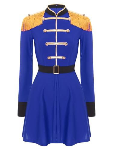 Linjinx Damen Zirkusdirektor Kostüm Langarm Zirkus Kleid mit Gürtel Quasten im Shulter Minikleid Halloween Karneval Kostüm Blau 3XL von Linjinx