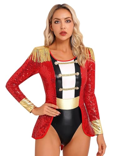 Linjinx Damen Zirkusdirektor Kostüm Pailletten Zirkus Body Langarm Jumpsuit Overall Wetlook Bodysuit + Zylinder Hut Handschuhe Halloween Showman Kostüm Rot 3XL von Linjinx