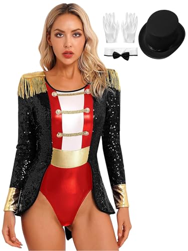 Linjinx Damen Zirkusdirektor Kostüm Pailletten Zirkus Body Langarm Jumpsuit Overall Wetlook Bodysuit + Zylinder Hut Handschuhe Halloween Showman Kostüm Schwarz 3XL von Linjinx