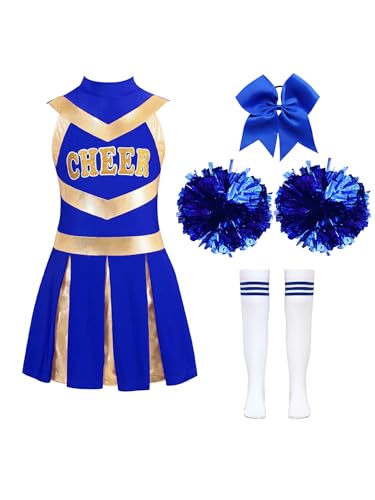 Linjinx Halloween Kostüm Kinder Mädchen Cheer Leader Kostüm Schulmädchen Tanzkleid Cheerleadering Outfit mit Pompoms Socken Karneval Fasching Party A Blau 110-116 von Linjinx