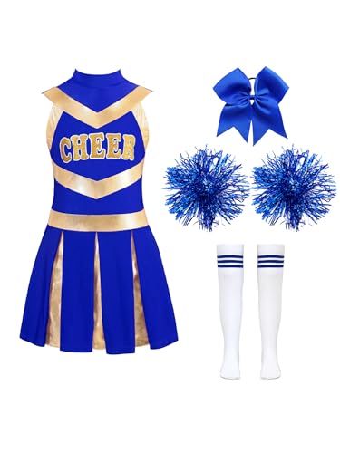 Linjinx Halloween Kostüm Kinder Mädchen Cheer Leader Kostüm Schulmädchen Tanzkleid Cheerleadering Outfit mit Pompoms Socken Karneval Fasching Party B Blau 110-116 von Linjinx