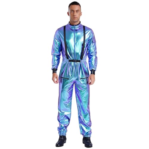 Linjinx Herren Astronaut Kostüm Raumfahrer Metallic Glänzend Jumpsuit Overall Langarm Raumanzug Weltall Outfit Halloween Karneval Verkleidung Blau 3XL von Linjinx