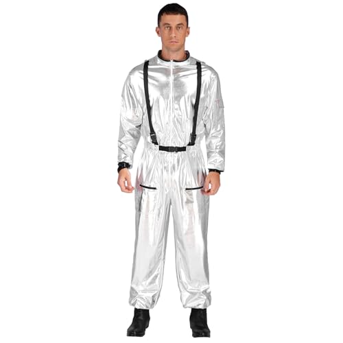 Linjinx Herren Astronaut Kostüm Raumfahrer Metallic Glänzend Jumpsuit Overall Langarm Raumanzug Weltall Outfit Halloween Karneval Verkleidung Silber 3XL von Linjinx