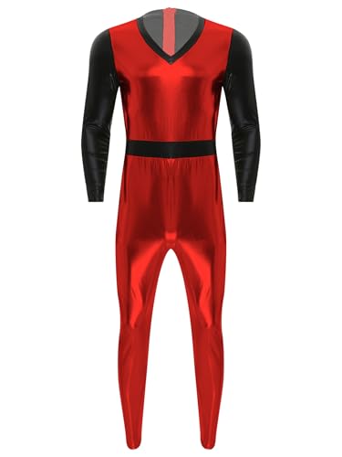 Linjinx Herren Baseball Kostüm American Football Kostüm Metallic Bodysuit Einteiliger Jumpsuit Langarm Overall Ganzkörperanzug Halloween Fasching Kostüm Rot M von Linjinx