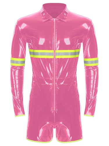 Linjinx Herren Feuerwehrmann Kostüm Overall Strampler Vorne Reißverschluss Wetlook PU Leder Bodysuit Jumpsuit Catsuit Halloween Kostüm Clubwear Rosa 3XL von Linjinx