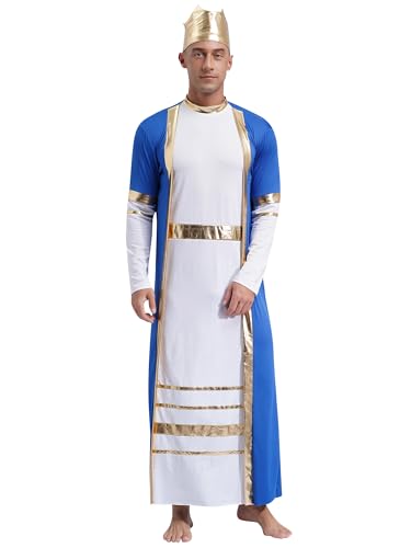 Linjinx Herren Griechischer Gott Römischer König Toga mit Stirnband Langarm Gewand Kleid Metallisch Glänzende Kopfbedeckung Halloween Fasching Kostüm Königsblau L von Linjinx