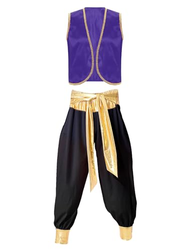 Linjinx Herren Kostüm Aladin Arabischer Prinz Weste Pumphose Haremshose Aladinhose Arabisches Kostüm Halloween Karneval Party Dunkellila Schwarz XL von Linjinx