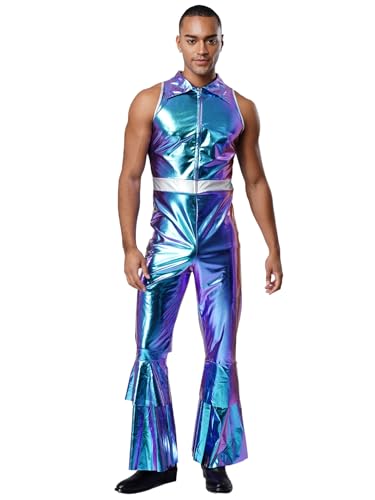 Linjinx Herren Metallic Jumpsuit Catsuit glänzend Disco Ausgestellter Overall Party Kostüm Halloween Bekeidung für 50s 60s 70s Cosplay Blau 3XL Linjinx Herren Metallic Jumpsuit Catsuit glänzend Disco Ausgestellter Overall Party Kostüm Halloween Bekeidung für 50s 60s 70s Cosplay Blau 3XL von Linjinx