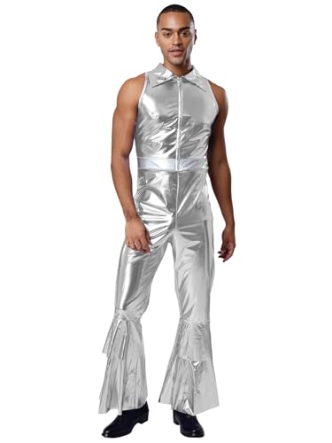 Linjinx Herren Metallic Jumpsuit Catsuit glänzend Disco Ausgestellter Overall Party Kostüm Halloween Bekeidung für 50s 60s 70s Cosplay Silber L Linjinx Herren Metallic Jumpsuit Catsuit glänzend Disco Ausgestellter Overall Party Kostüm Halloween Bekeidung für 50s 60s 70s Cosplay Silber L von Linjinx