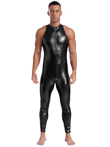 Linjinx Herren PU Leder Bodysuit Metallic Jumpsuit Overall Unitard Ärmellos Rückenfrei Catsuit Einteilig Rompers Lange Hose Fasching Kostüm Clubwear Schwarz 3XL von Linjinx