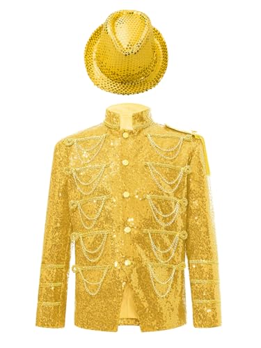 Linjinx Kinder Jungen Zirkus Kostüm Fahnenschwinger Ehrengarde Kostüm Set Langarm Pailletten Mantel Glitzer Jacke mit Fedora Hut Halloween Kostüm Gold 110-116 von Linjinx